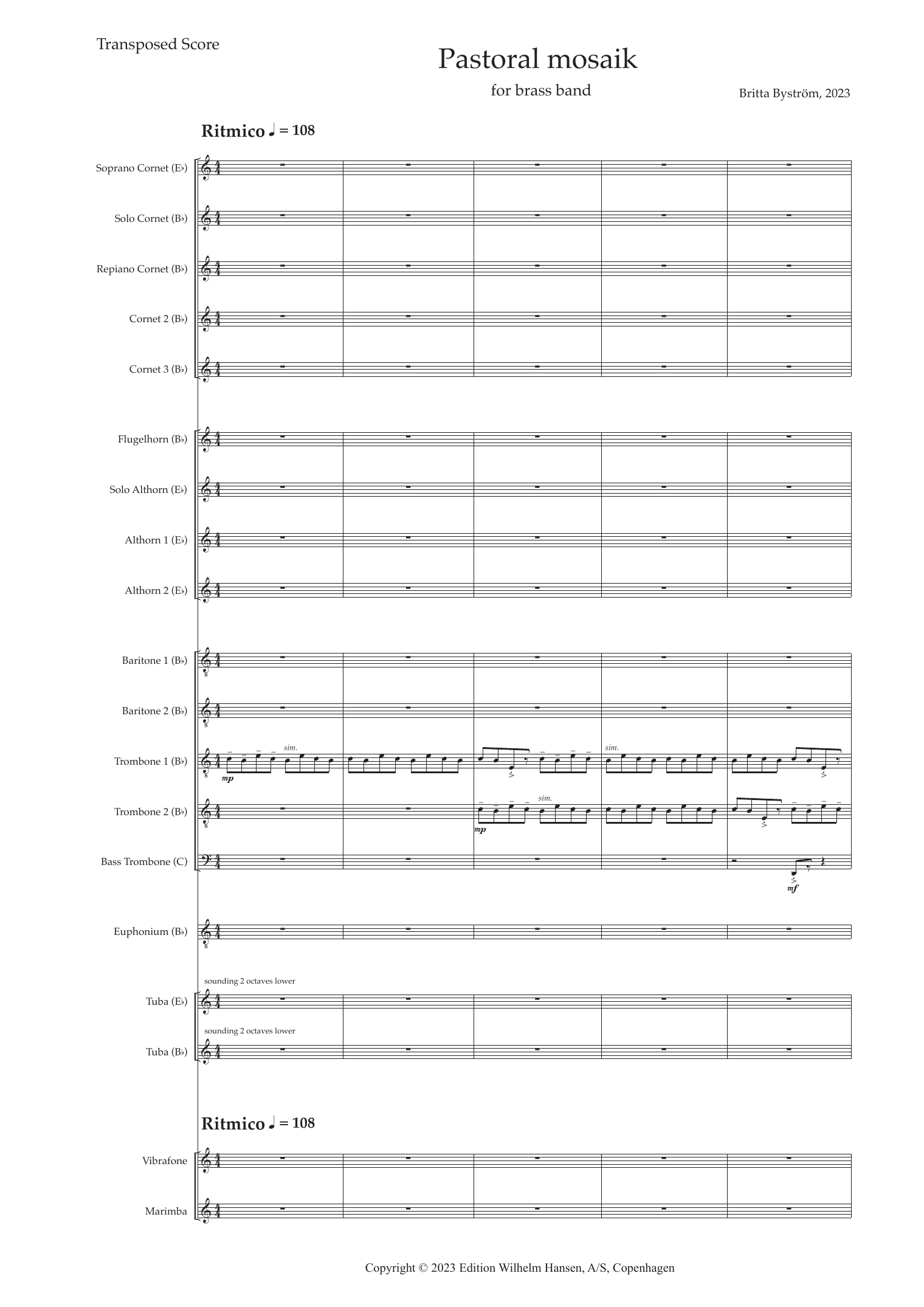 Britta Byström Pastoral Mosaik sheet music notes and chords arranged for Brass Ensemble