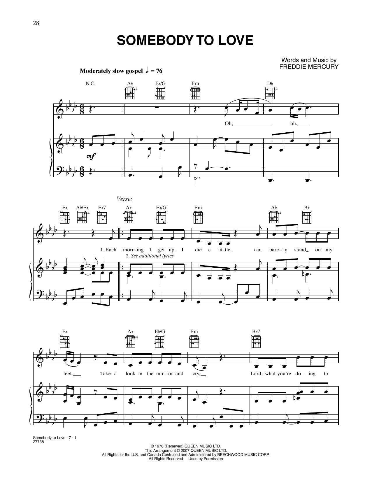 Queen Somebody To Love sheet music notes and chords arranged for Piano, Vocal & Guitar Chords (Right-Hand Melody)