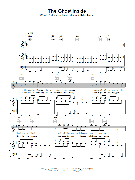 Broken Bells The Ghost Inside sheet music notes and chords arranged for Piano, Vocal & Guitar Chords