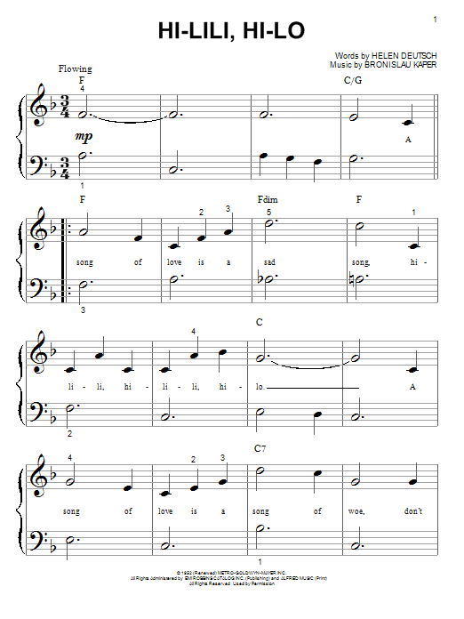 Bronislau Kaper Hi-Lili, Hi-Lo sheet music notes and chords arranged for Piano Solo