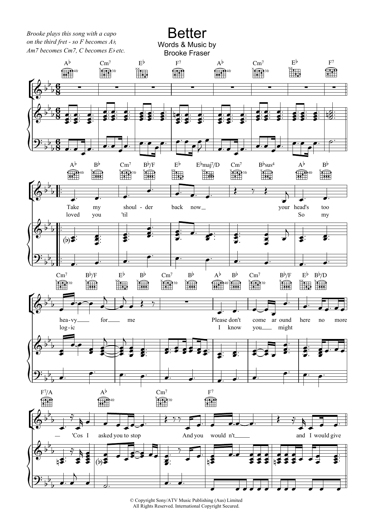 Brooke Fraser Better sheet music notes and chords arranged for Piano, Vocal & Guitar Chords
