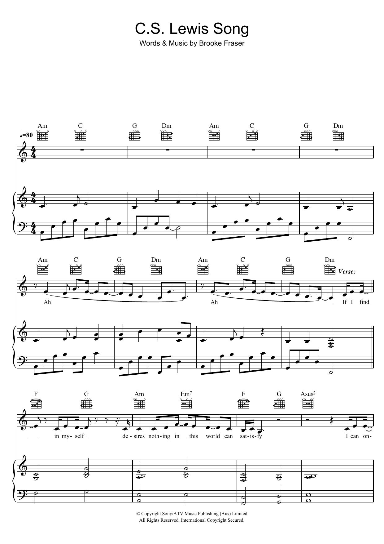 Brooke Fraser C.S. Lewis Song sheet music notes and chords arranged for Piano, Vocal & Guitar Chords