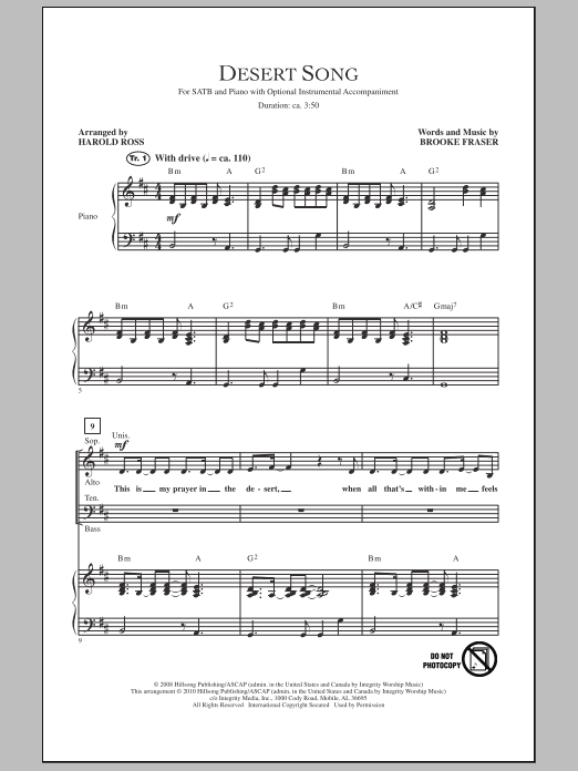 Brooke Fraser Desert Song (arr. Harold Ross) sheet music notes and chords arranged for SATB Choir