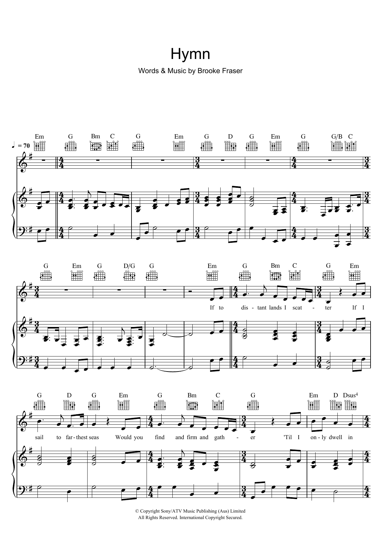 Brooke Fraser Hymn sheet music notes and chords arranged for Piano, Vocal & Guitar Chords