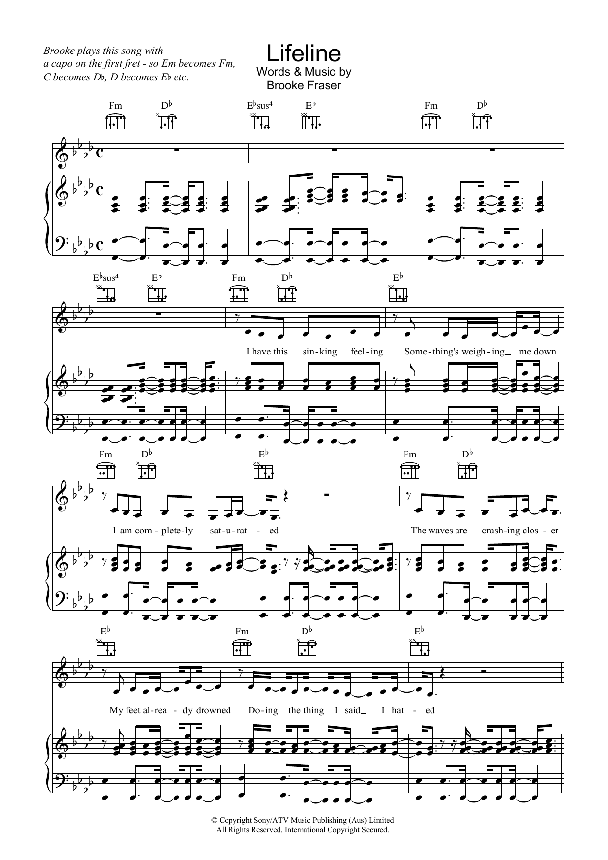 Brooke Fraser Lifeline sheet music notes and chords arranged for Piano, Vocal & Guitar Chords