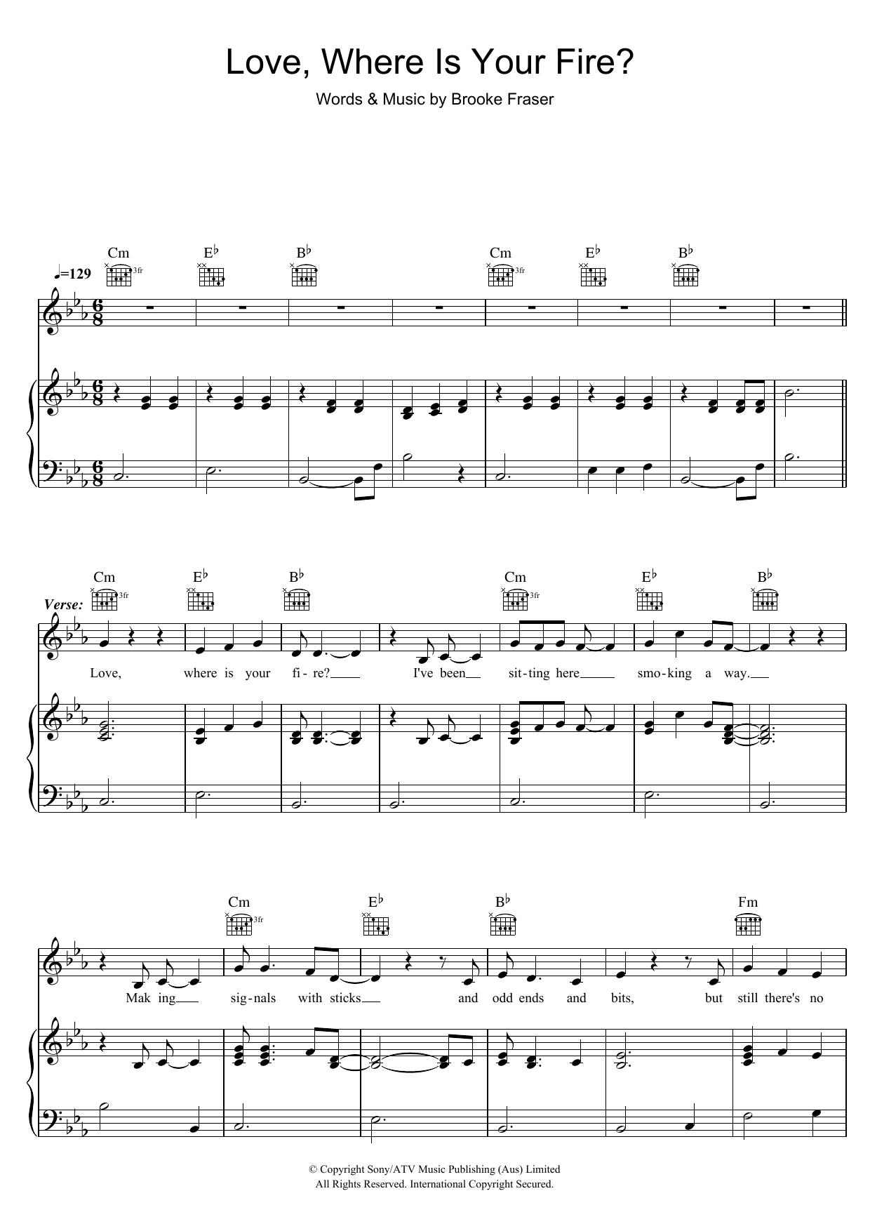 Brooke Fraser Love, Where Is Your Fire? sheet music notes and chords arranged for Piano, Vocal & Guitar Chords