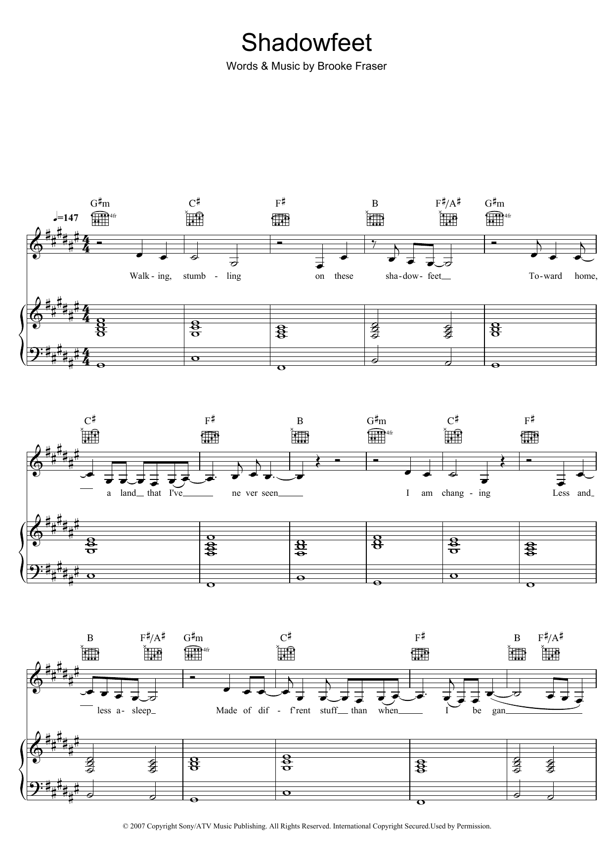 Brooke Fraser Shadowfeet sheet music notes and chords arranged for Beginner Piano