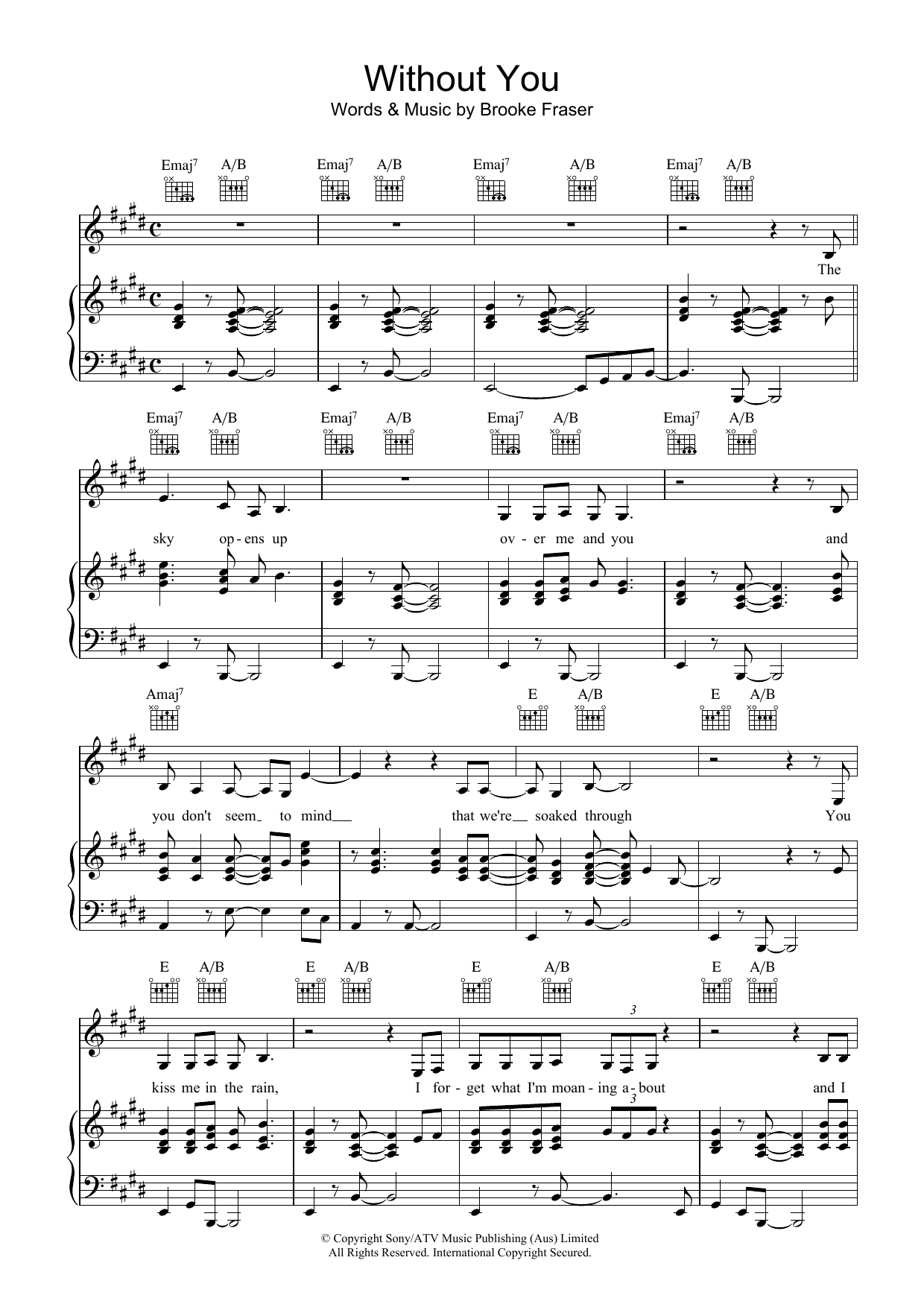 Brooke Fraser Without You sheet music notes and chords arranged for Piano, Vocal & Guitar Chords