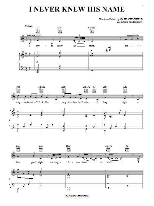 Brooklyn The Musical I Never Knew His Name sheet music notes and chords arranged for Piano, Vocal & Guitar Chords (Right-Hand Melody)