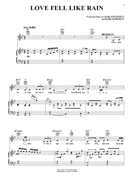 Brooklyn The Musical Love Fell Like Rain sheet music notes and chords arranged for Piano, Vocal & Guitar Chords (Right-Hand Melody)