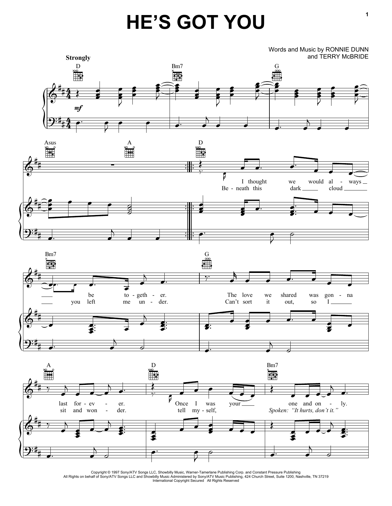 Brooks & Dunn He's Got You sheet music notes and chords arranged for Piano, Vocal & Guitar Chords (Right-Hand Melody)