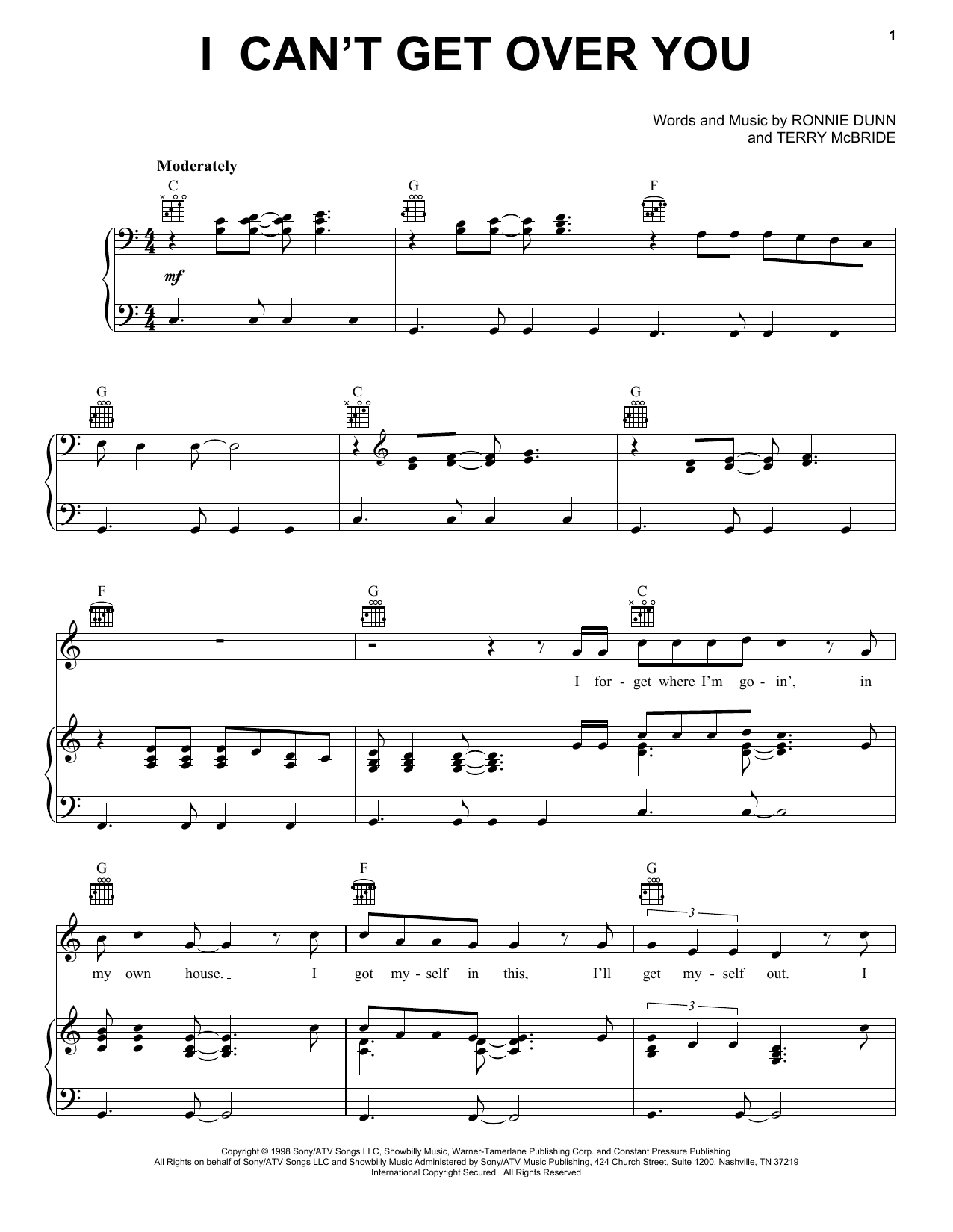 Brooks & Dunn I Can't Get Over You sheet music notes and chords arranged for Piano, Vocal & Guitar Chords (Right-Hand Melody)