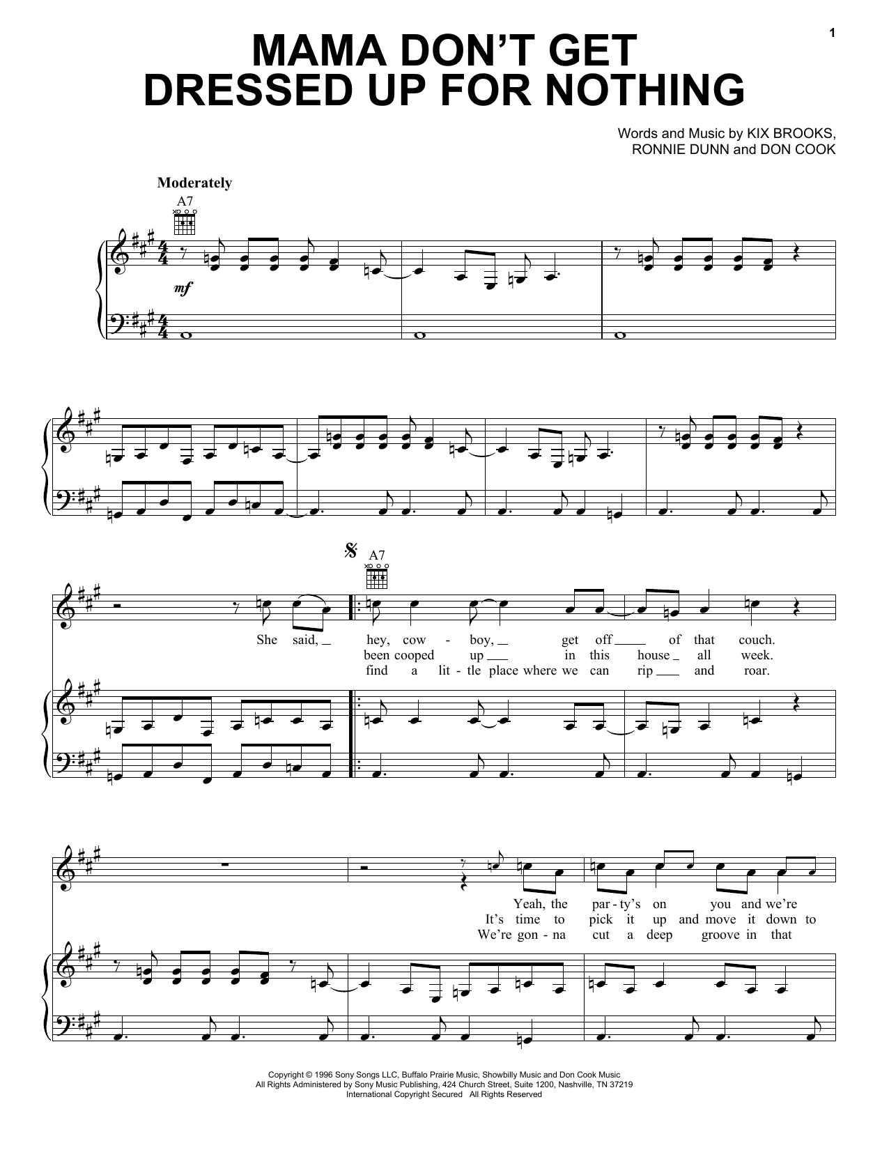 Brooks & Dunn Mama Don't Get Dressed Up For Nothing sheet music notes and chords arranged for Piano, Vocal & Guitar Chords (Right-Hand Melody)
