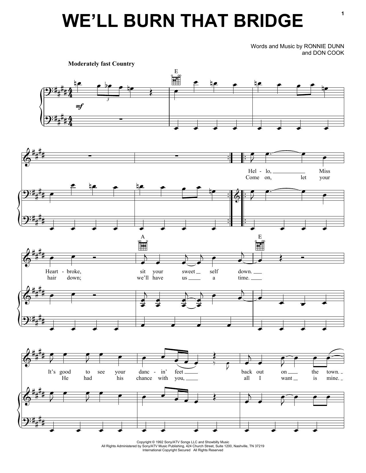 Brooks & Dunn We'll Burn That Bridge sheet music notes and chords arranged for Piano, Vocal & Guitar Chords (Right-Hand Melody)