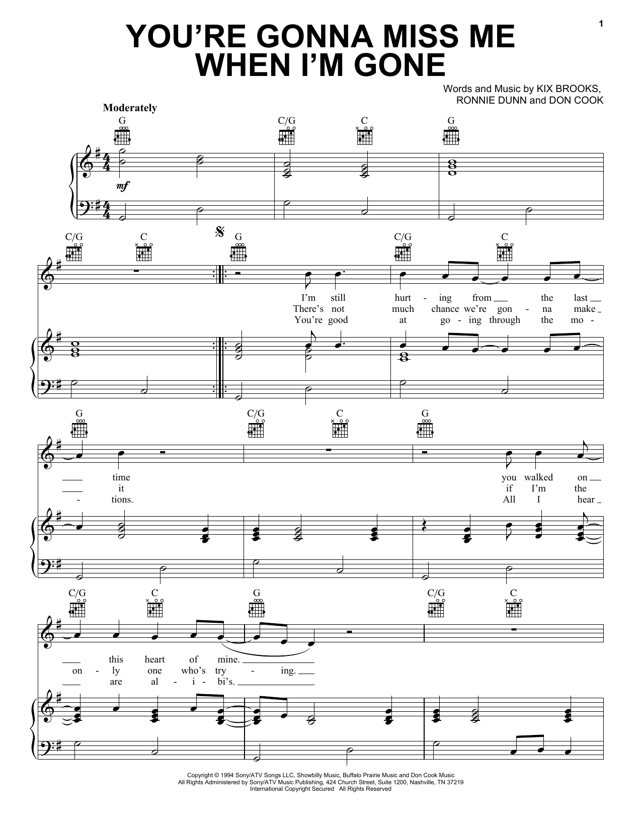 Brooks & Dunn You're Gonna Miss Me When I'm Gone sheet music notes and chords arranged for Piano, Vocal & Guitar Chords (Right-Hand Melody)