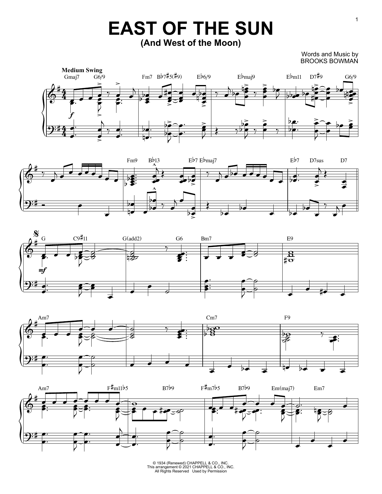 Brooks Bowman East Of The Sun (And West Of The Moon) [Jazz version] (arr. Brent Edstrom) sheet music notes and chords arranged for Piano Solo