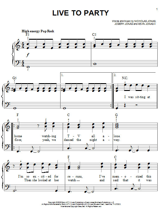 Jonas Brothers Live To Party sheet music notes and chords arranged for Easy Piano