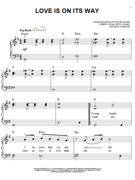 Jonas Brothers Love Is On Its Way sheet music notes and chords arranged for Easy Piano