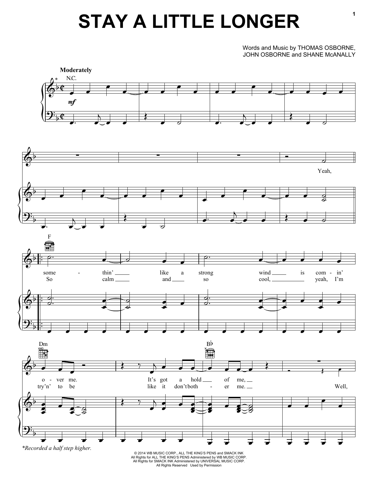 Brothers Osborne Stay A Little Longer sheet music notes and chords arranged for Piano, Vocal & Guitar Chords (Right-Hand Melody)