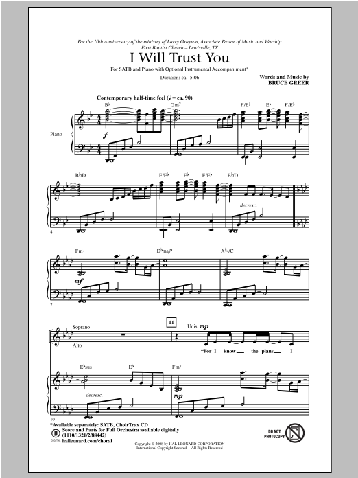 Bruce Greer I Will Trust You sheet music notes and chords arranged for SATB Choir