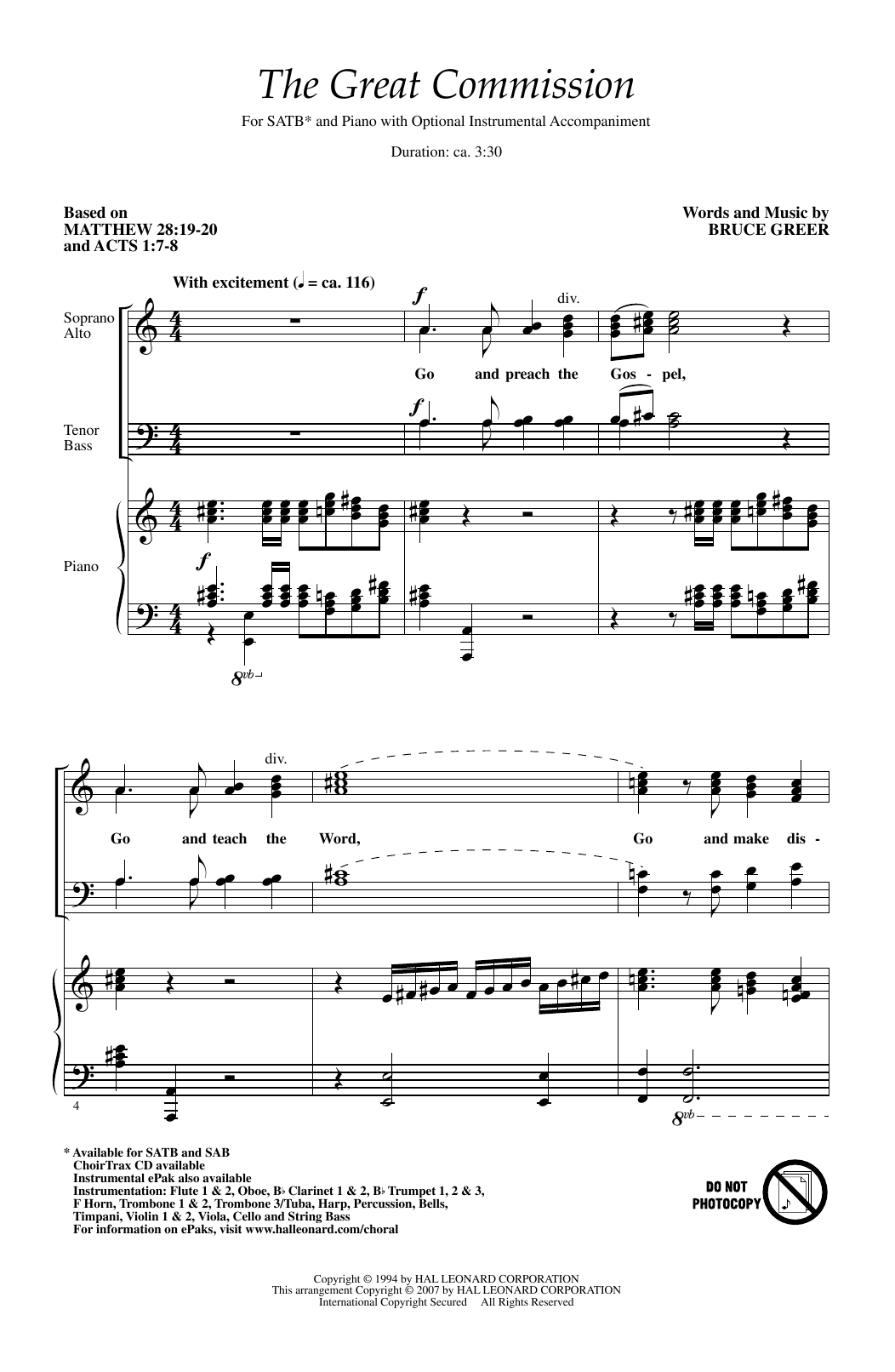 Bruce Greer The Great Commission sheet music notes and chords arranged for SAB Choir