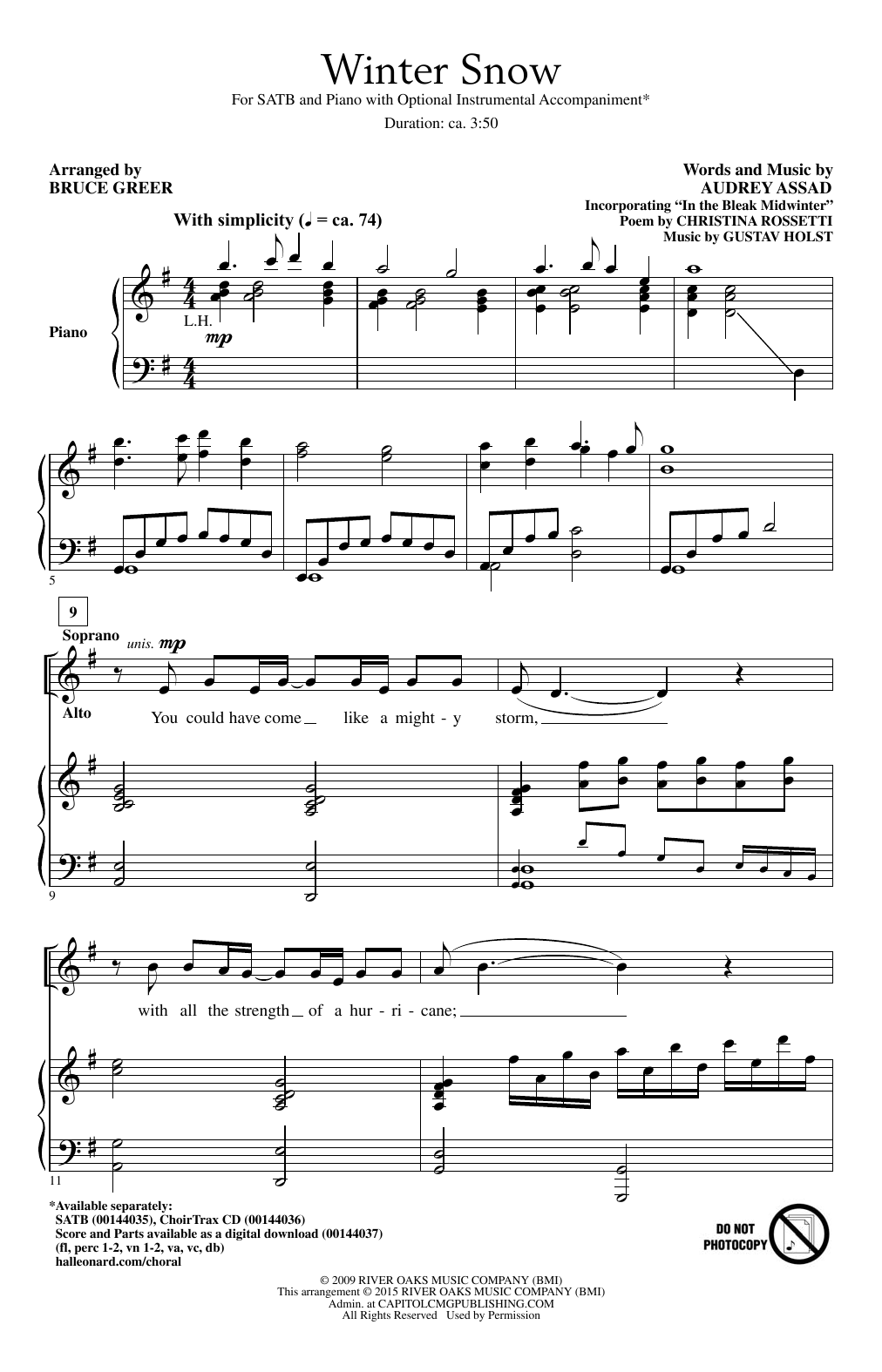 Bruce Greer Winter Snow sheet music notes and chords arranged for SATB Choir