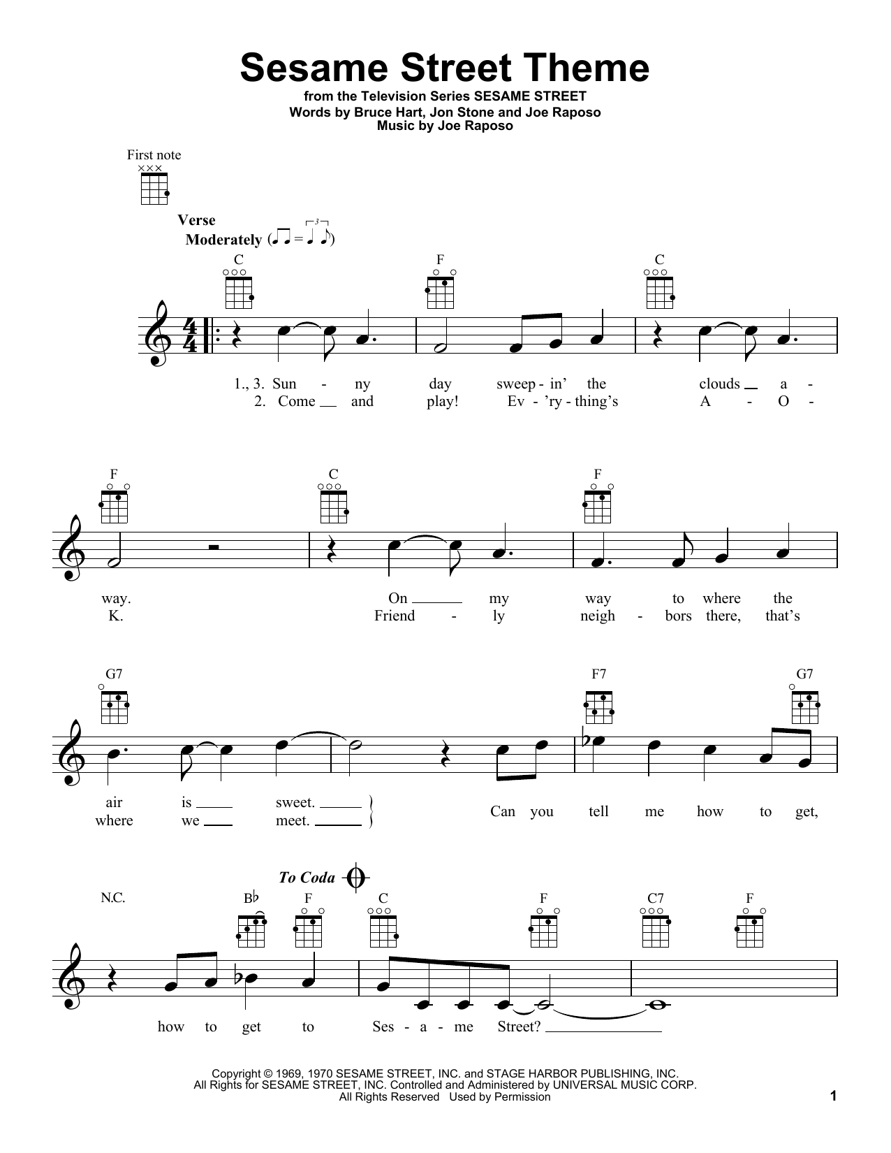 Bruce Hart Sesame Street Theme sheet music notes and chords arranged for Ukulele