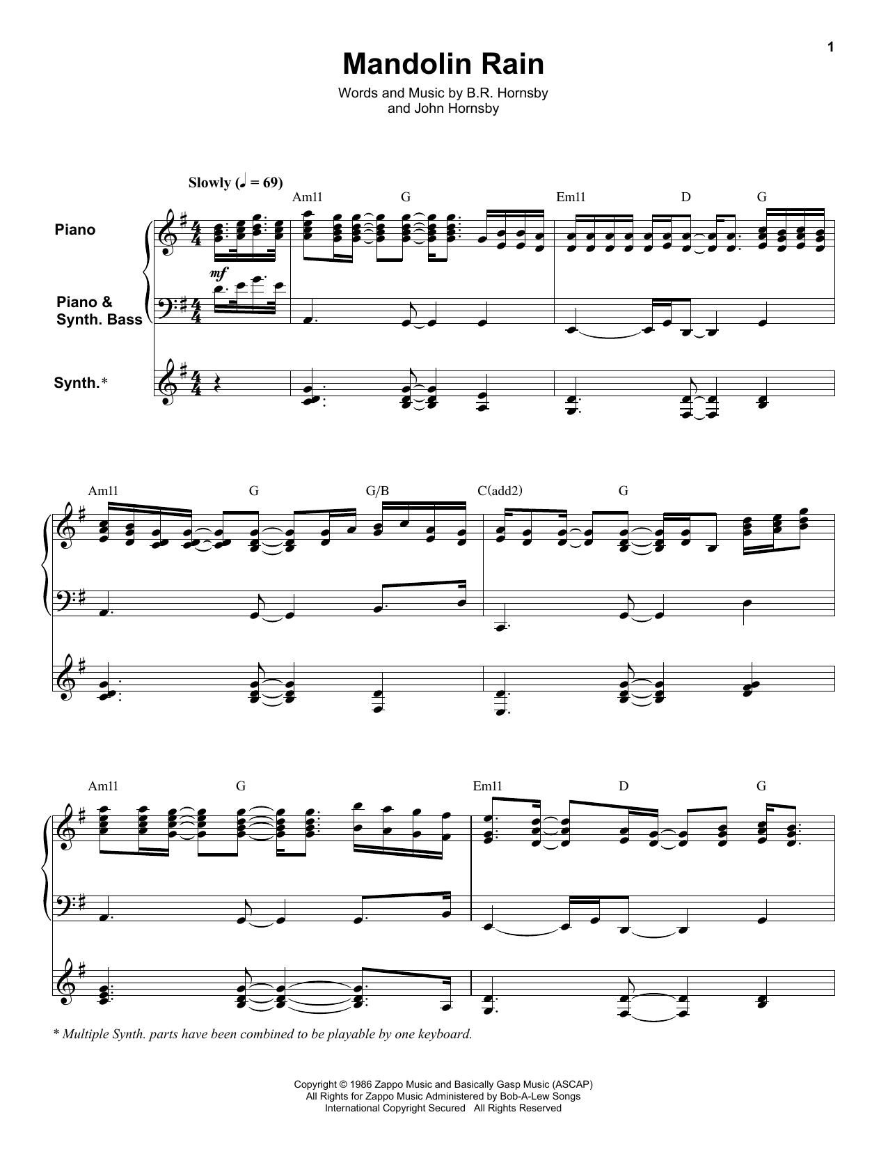 Bruce Hornsby And The Range Mandolin Rain sheet music notes and chords arranged for Keyboard Transcription