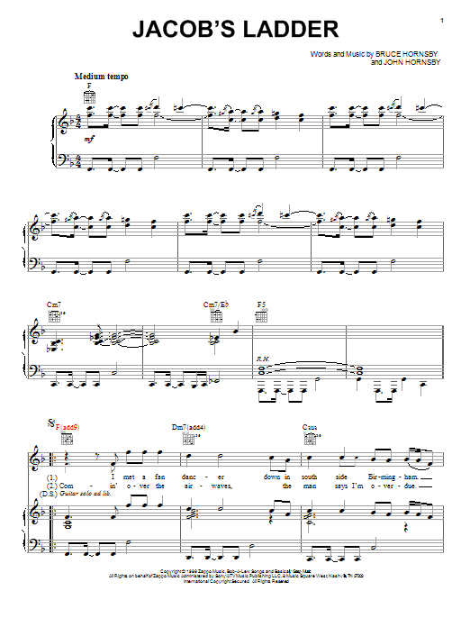 Bruce Hornsby Jacob's Ladder sheet music notes and chords arranged for Piano, Vocal & Guitar Chords (Right-Hand Melody)