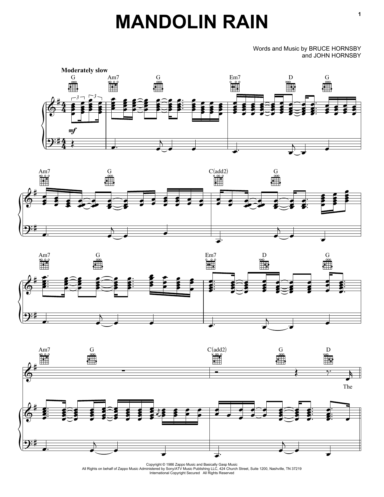 Bruce Hornsby Mandolin Rain sheet music notes and chords arranged for Piano, Vocal & Guitar Chords (Right-Hand Melody)