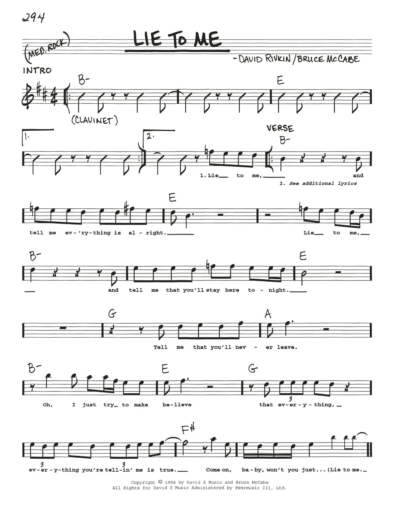 Bruce McCabe Lie To Me sheet music notes and chords arranged for Real Book – Melody, Lyrics & Chords