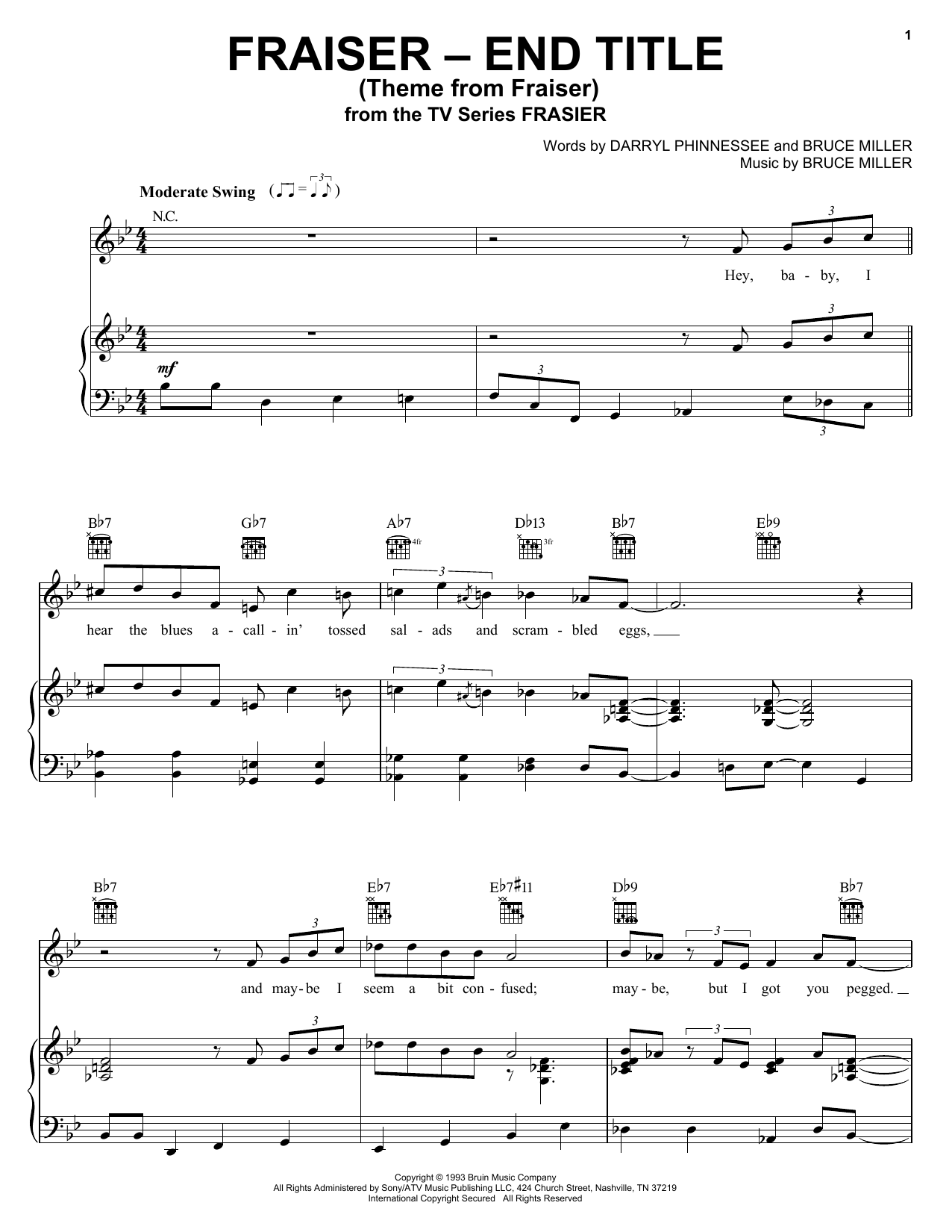 Bruce Miller Theme From Frasier sheet music notes and chords arranged for Piano, Vocal & Guitar Chords (Right-Hand Melody)