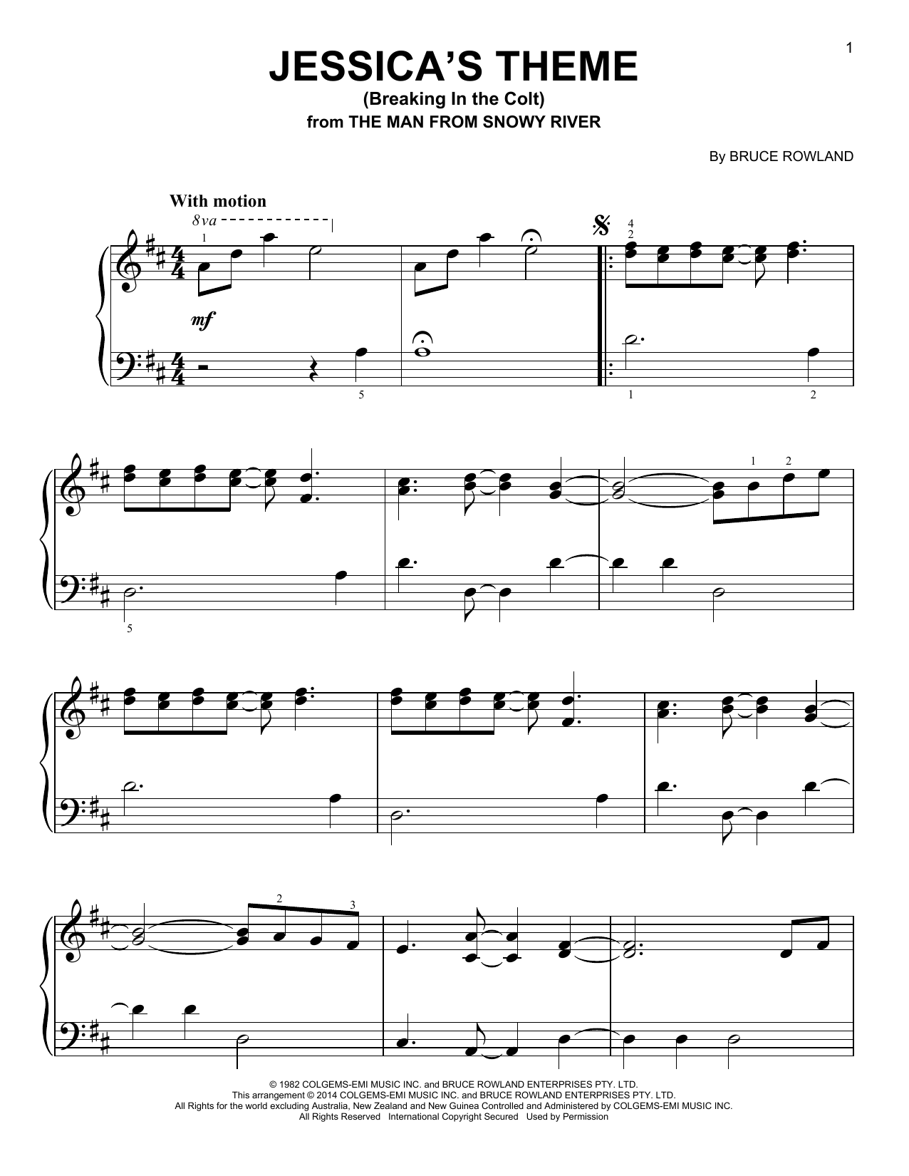 Bruce Rowland Jessica's Theme (Breaking In The Colt) sheet music notes and chords arranged for Easy Piano Solo