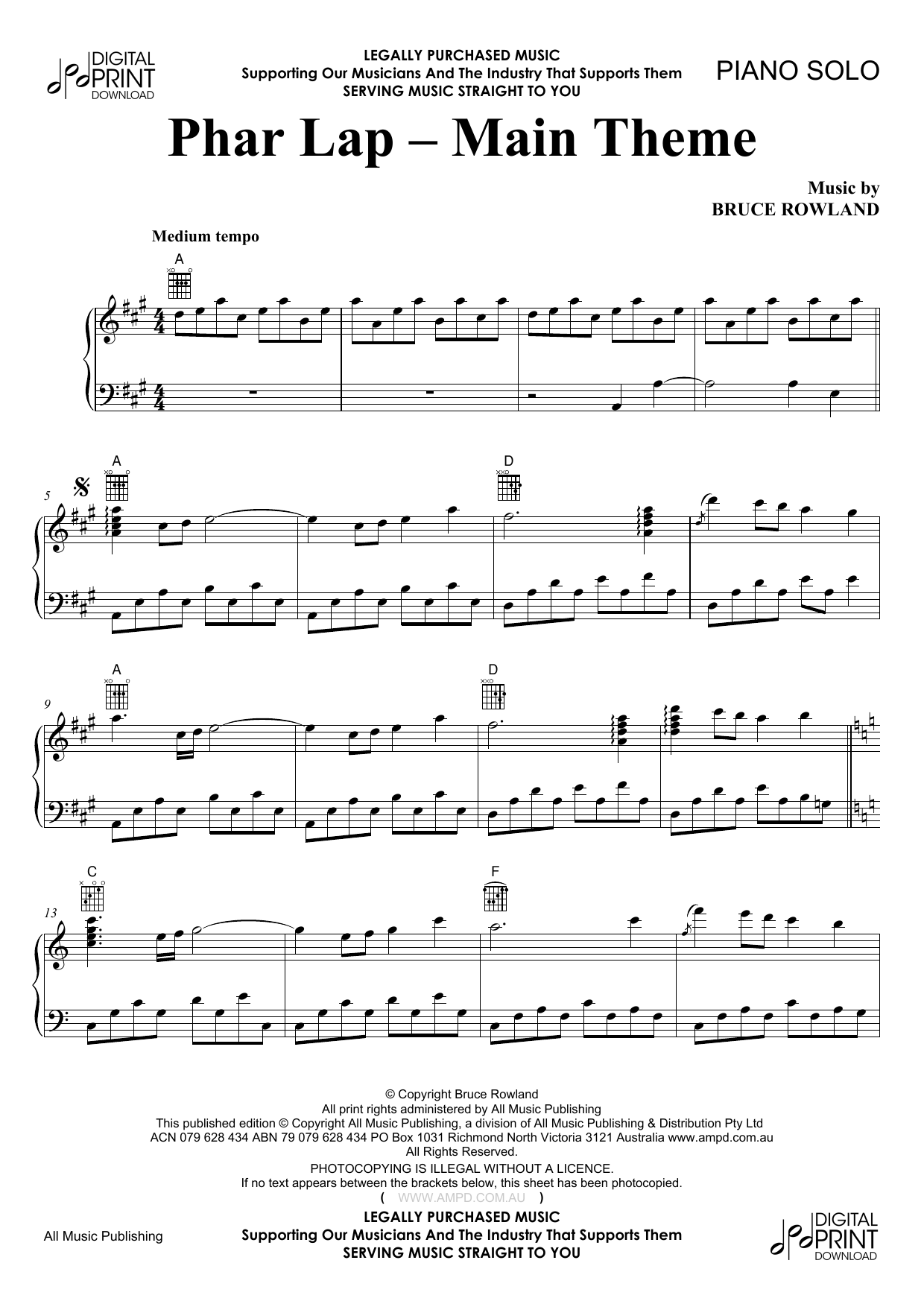 Bruce Rowland Phar Lap - Main Theme sheet music notes and chords arranged for Piano Solo