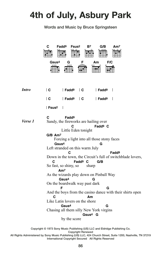 Bruce Springsteen 4th of July, Asbury Park sheet music notes and chords arranged for Guitar Chords/Lyrics