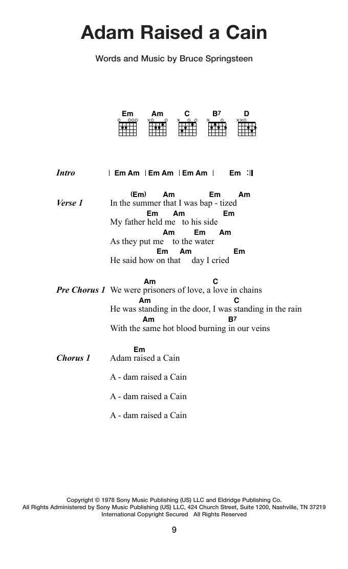 Bruce Springsteen Adam Raised A Cain sheet music notes and chords arranged for Guitar Chords/Lyrics