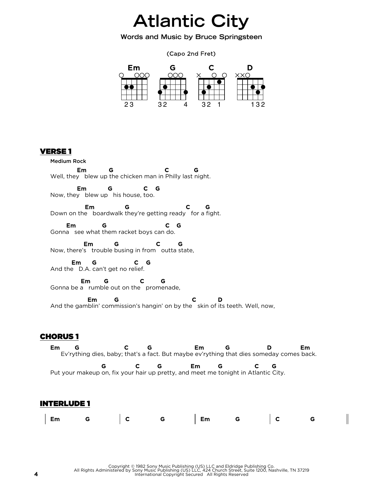 Bruce Springsteen Atlantic City sheet music notes and chords arranged for Really Easy Guitar