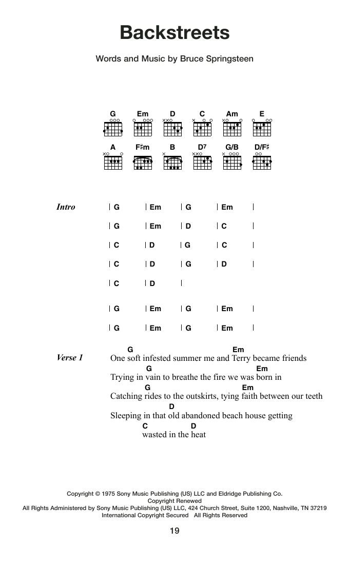 Bruce Springsteen Backstreets sheet music notes and chords arranged for Guitar Chords/Lyrics