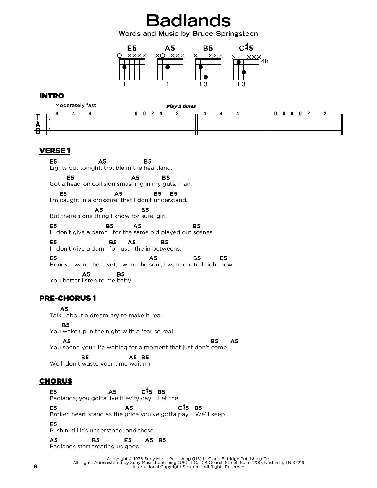 Bruce Springsteen Badlands sheet music notes and chords arranged for Guitar Tab