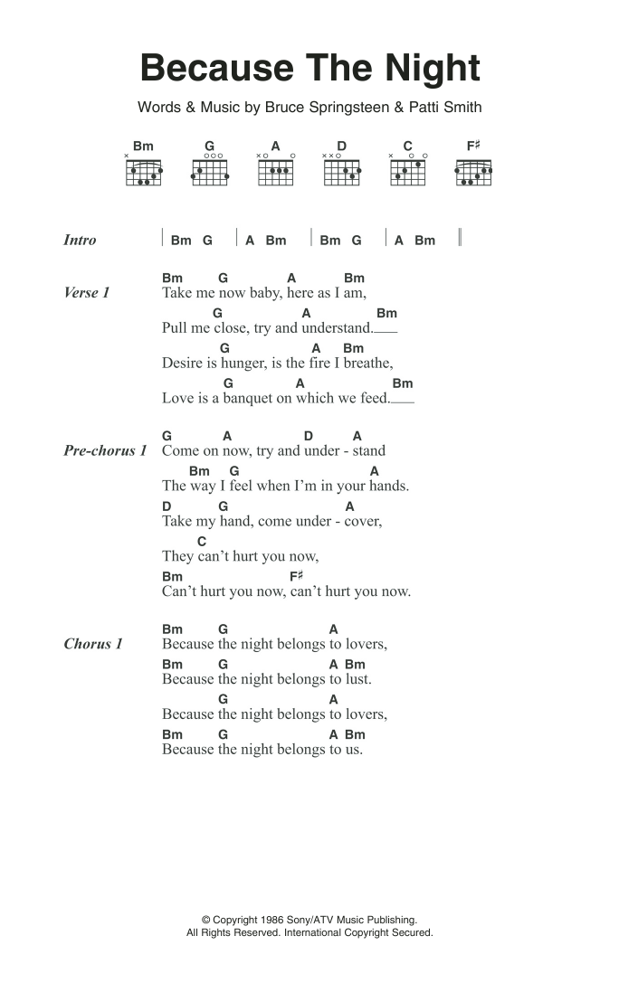 Patti Smith Because The Night sheet music notes and chords arranged for Guitar Chords/Lyrics