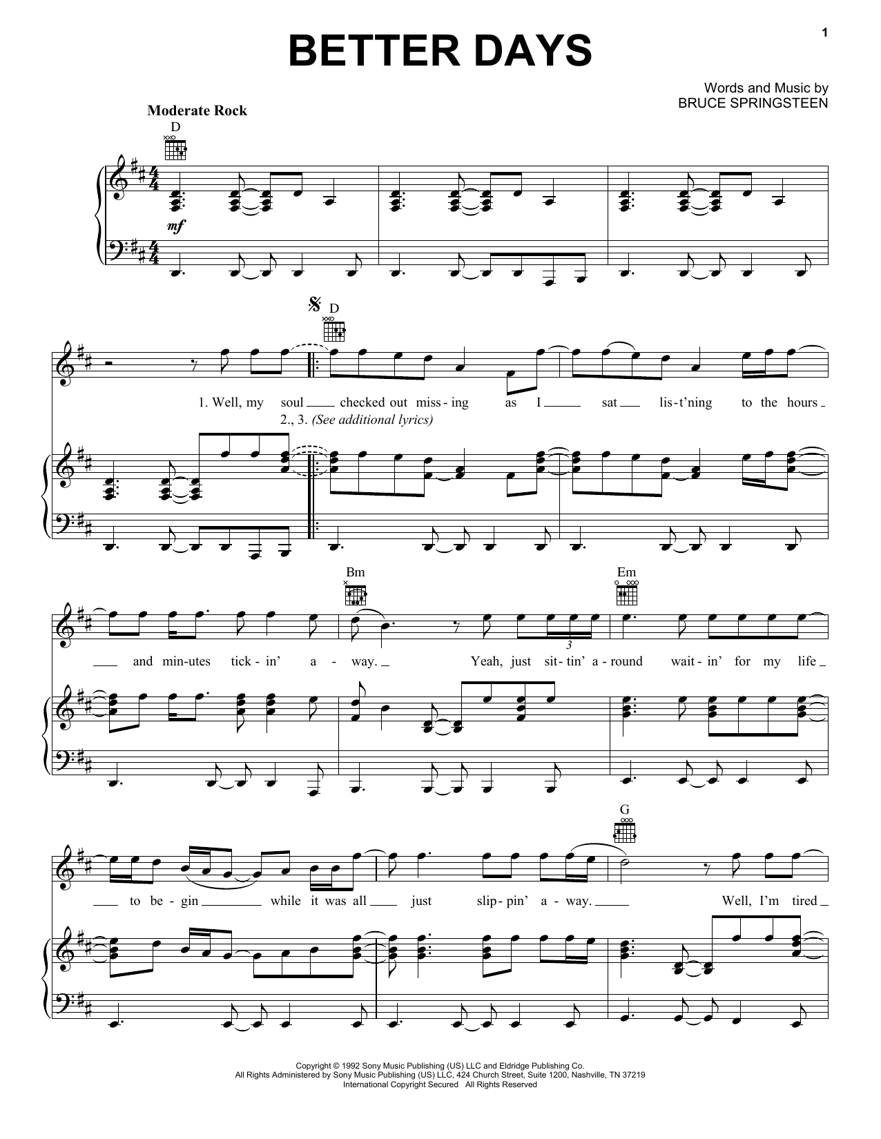 Bruce Springsteen Better Days sheet music notes and chords arranged for Guitar Chords/Lyrics