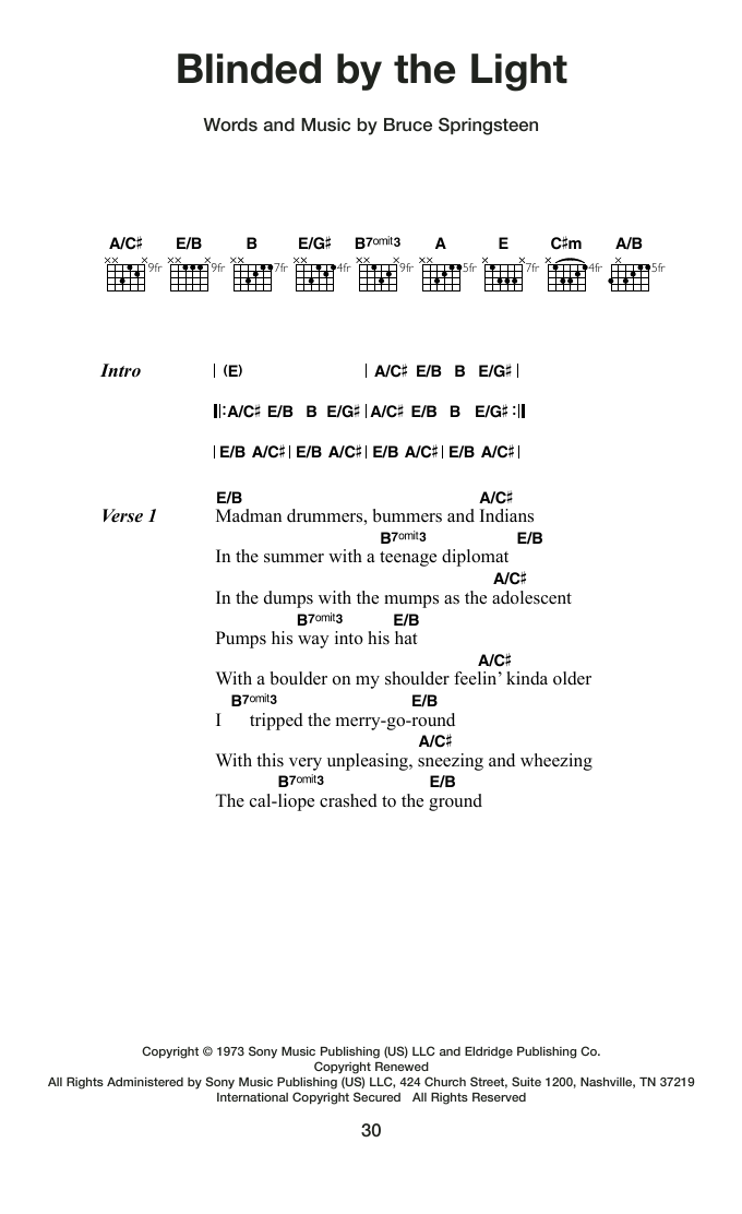 Bruce Springsteen Blinded By The Light sheet music notes and chords arranged for Guitar Chords/Lyrics