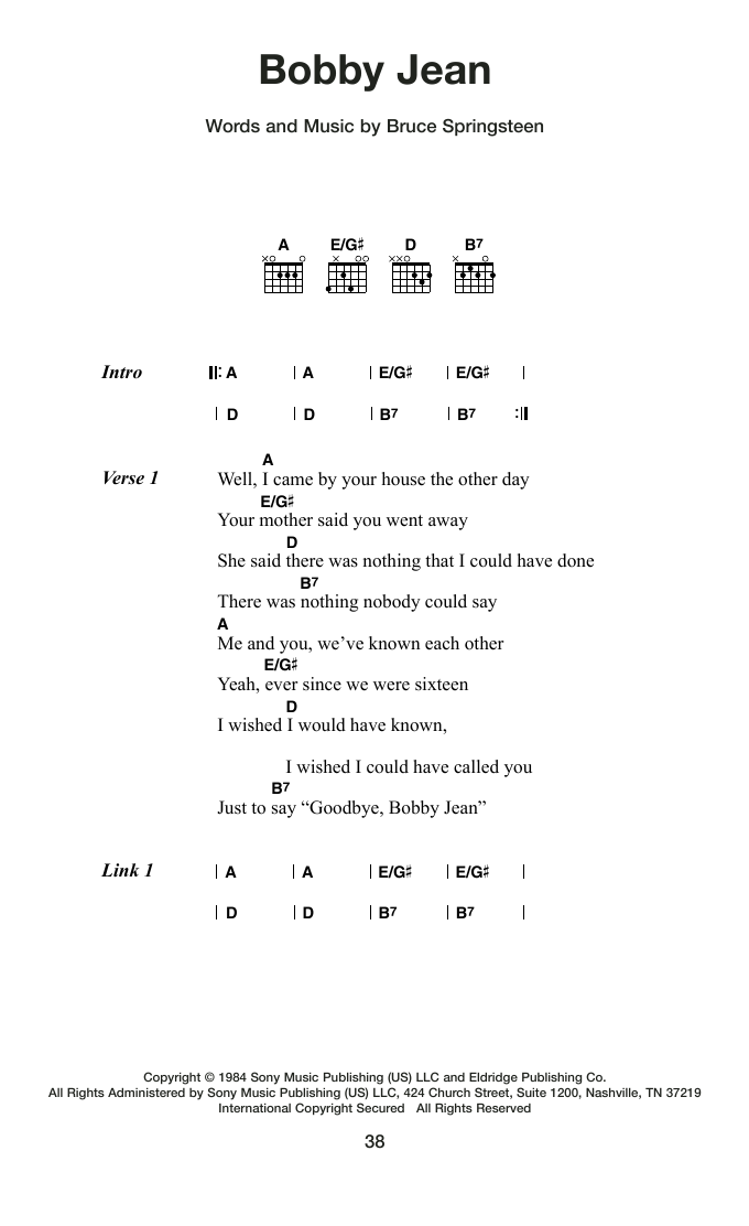 Bruce Springsteen Bobby Jean sheet music notes and chords arranged for Guitar Chords/Lyrics