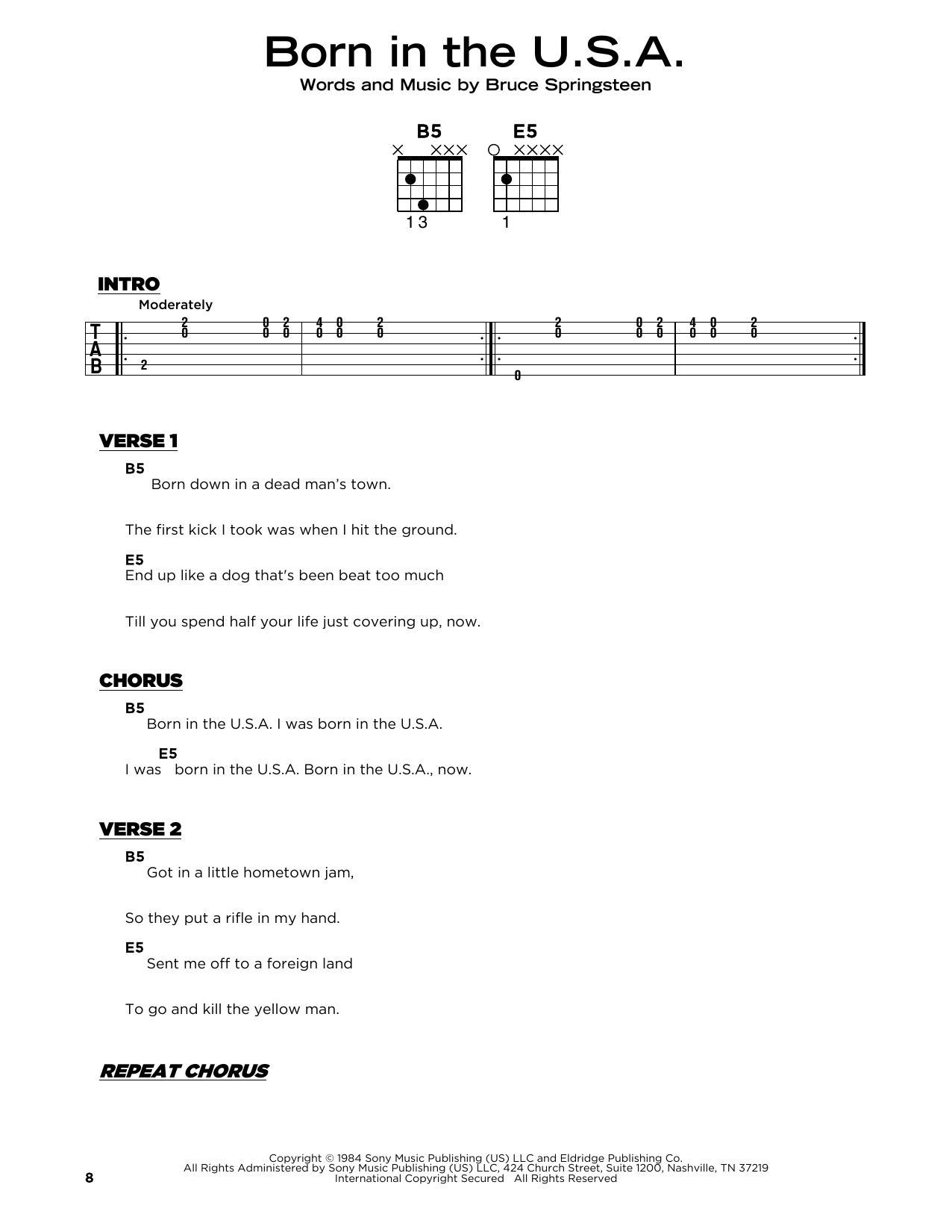 Bruce Springsteen Born In The U.S.A. sheet music notes and chords arranged for Really Easy Piano