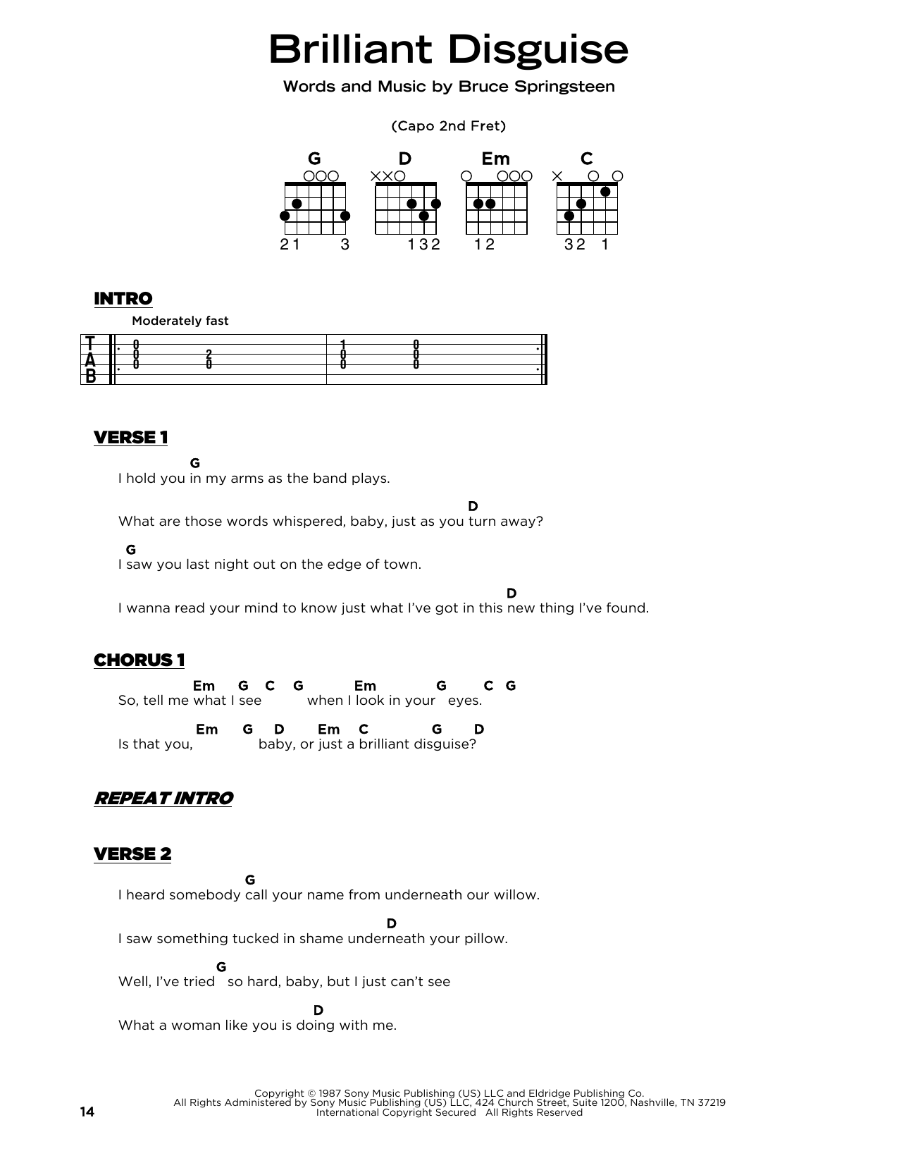 Bruce Springsteen Brilliant Disguise sheet music notes and chords arranged for Really Easy Guitar