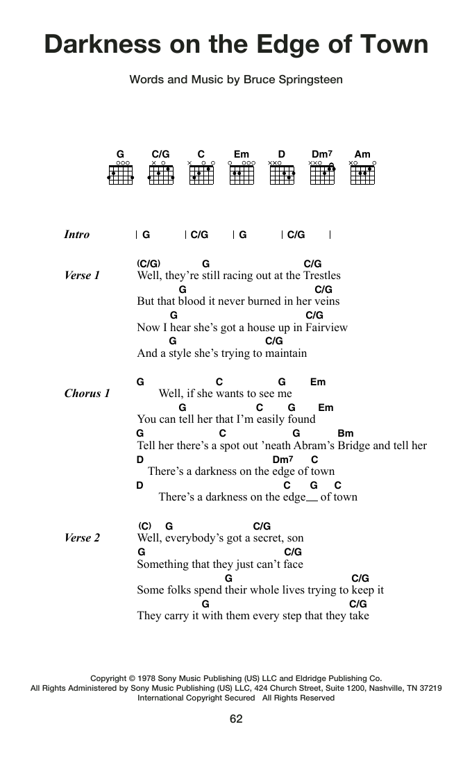 Bruce Springsteen Darkness On The Edge Of Town sheet music notes and chords arranged for Guitar Chords/Lyrics