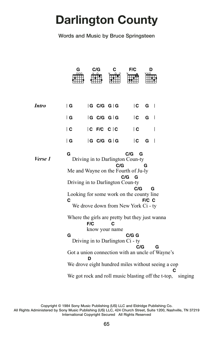 Bruce Springsteen Darlington County sheet music notes and chords arranged for Guitar Chords/Lyrics