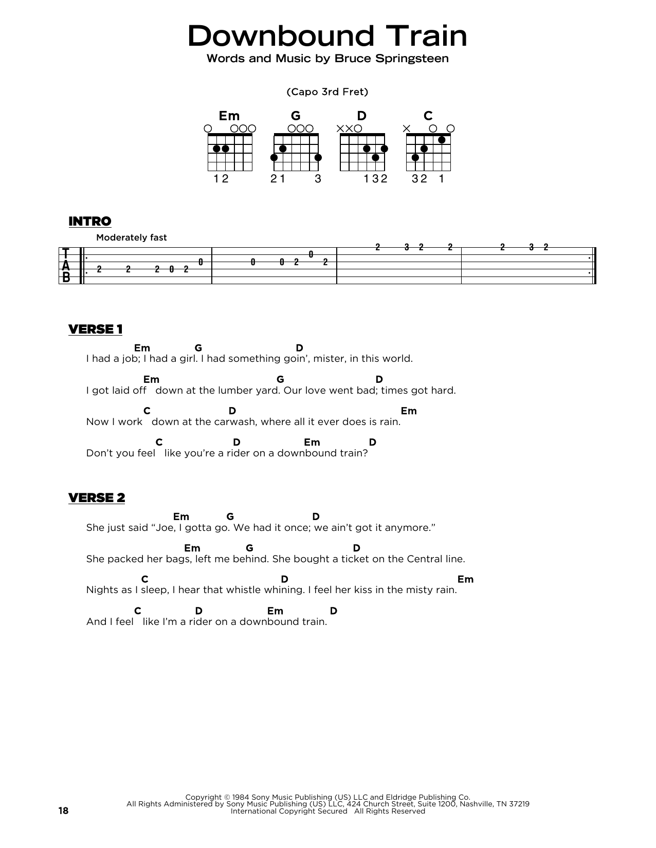 Bruce Springsteen Downbound Train sheet music notes and chords arranged for Really Easy Guitar