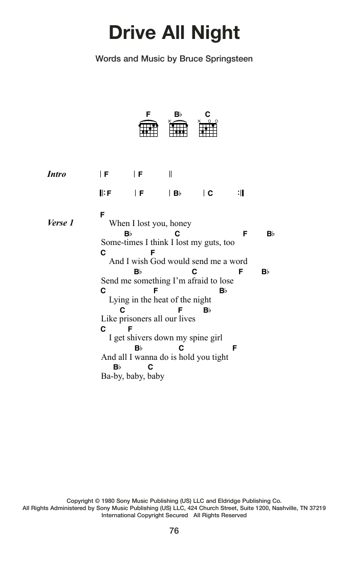 Bruce Springsteen Drive All Night sheet music notes and chords arranged for Guitar Chords/Lyrics