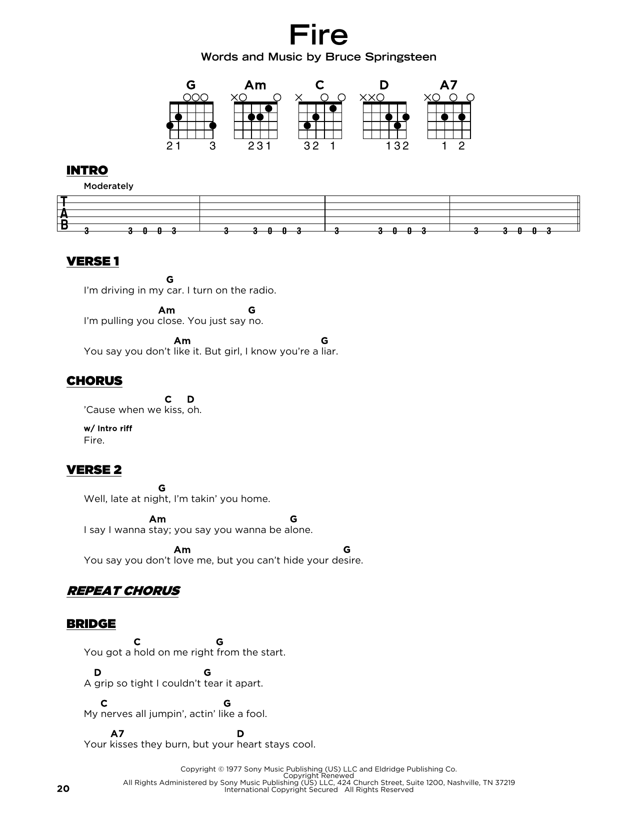 Bruce Springsteen Fire sheet music notes and chords arranged for Guitar Chords/Lyrics
